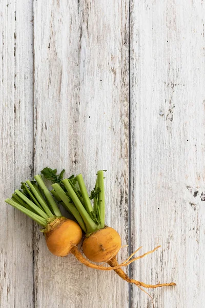 Dos Nabos Amarillos Con Hojas Sobre Fondo Madera Blanca Vitaminas — Foto de Stock