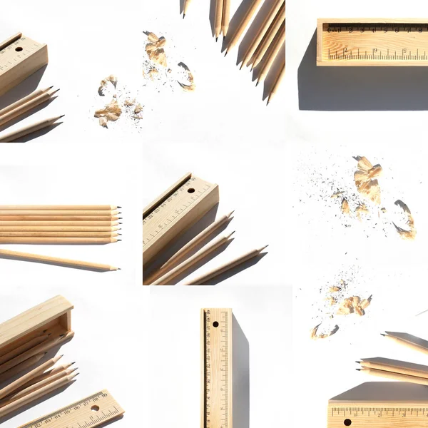 A collage of stationery in a bright hard light. Natural unpainted wood. Zero waste concept — Stock Photo, Image