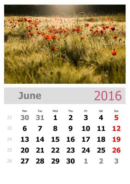 Takvim 2016. Haziran — Stok fotoğraf