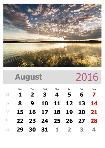 Kalendarz 2016. Sierpnia — Zdjęcie stockowe