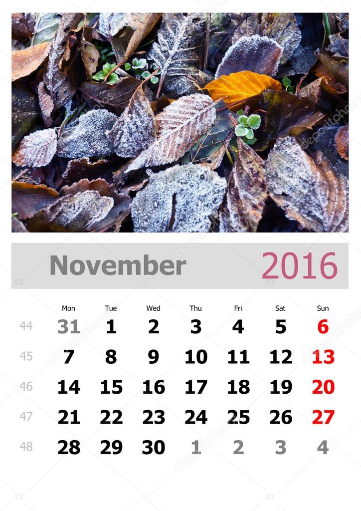 Calendar 2016 . November