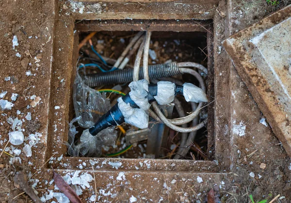 Electrical Connection Cables Underground Electrical Junction Box Sealed Insulating Gel — Stock Photo, Image