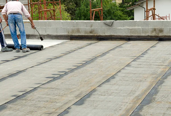 Propane Blowtorch Floor Slab Insulation Work Flat Roof Covering Works — Stock Photo, Image