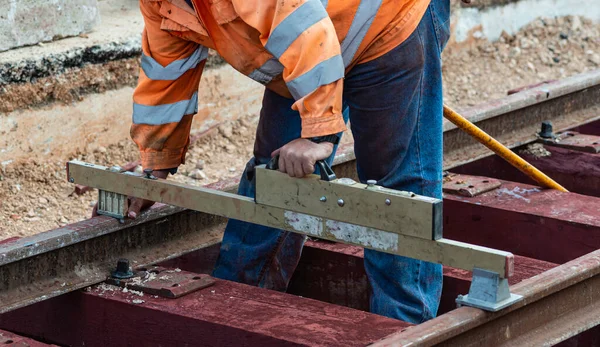 Construction Workers Work Railway Station Construction New Railway Line City — Stock Photo, Image