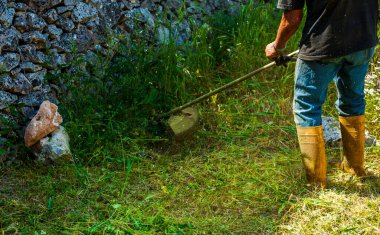 Bahçıvan çim düzeltici dizesiyle çim kesme