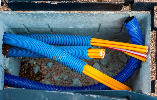 Cable Pipelines Cables Optical Fibers Neatly Arranged Cockpit Cement Town — Stock Photo, Image