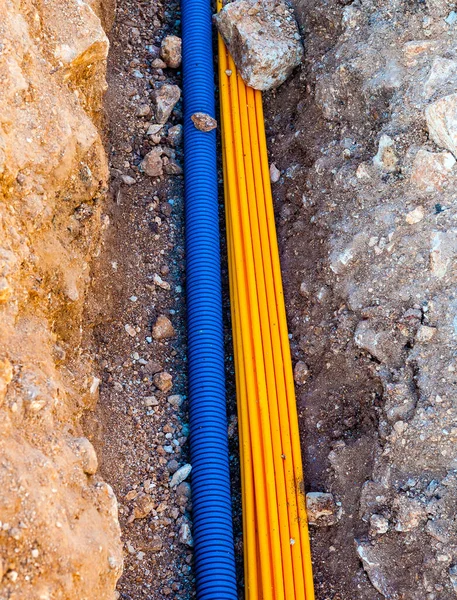 Cable Duct Optical Fibers Corrugated Tube Underground Telephone Cables Trench — Stock Photo, Image