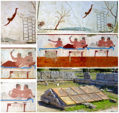 Kolaj ayrıntı antik Yunan fresk Paestum, İtalya,