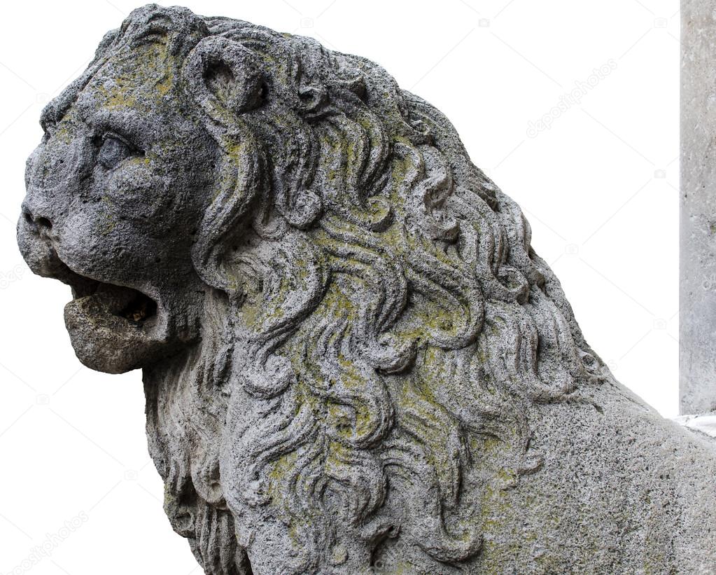 Detail column-bearing lion carved into the stone of the Cathedral of Altamura. Italy