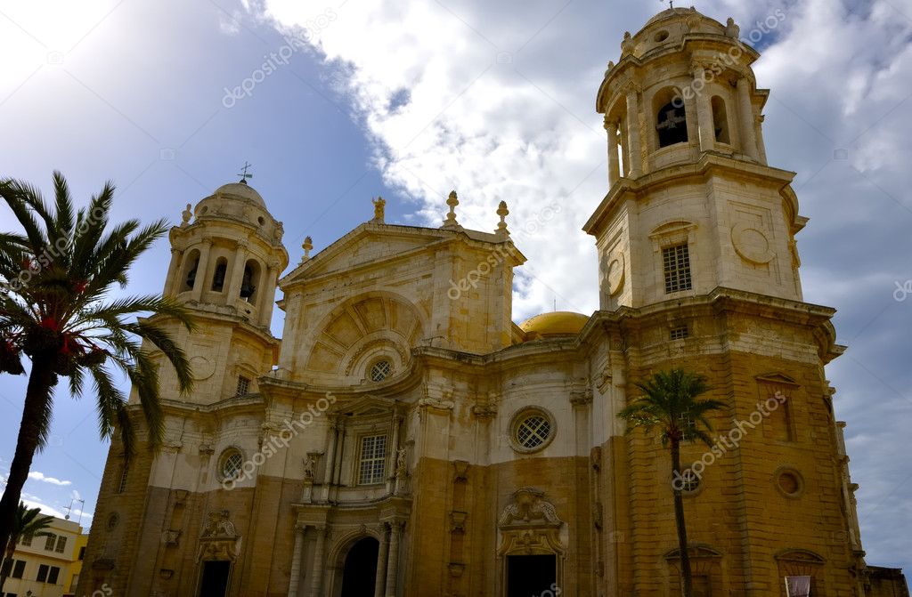 Cathedral in Cadiz, Spain, on a sunny day, view from below