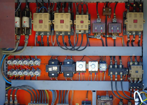 Control panel with cables wired in the air - cords old. — Stock Photo, Image