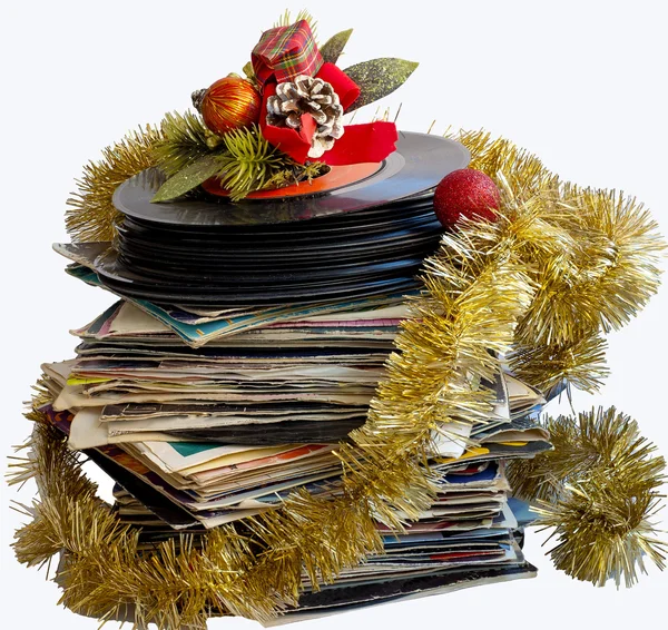 Christmas Stilleben med en vinyl skiva och bollar julgransdekorationer — Stockfoto