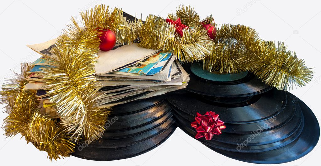 Christmas still life with a vinyl disc and balls Christmas tree decorations
