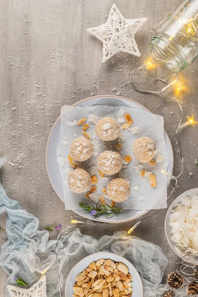 Homemade Sweet White Chocolate Coconut Plate Candy Snowball Truffles Christmas — Stock Photo, Image