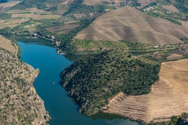 Douro Vadisi, Portekiz. Nehir manzaralı ve üzüm bağları tepelerde..
