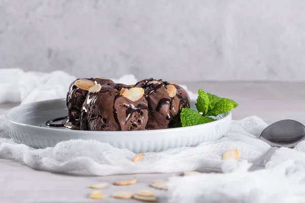 ミントの葉とプレート上のデザートのためのおいしいチョコレートアイスクリーム — ストック写真