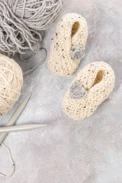 Knitting Baby Booties Wool Yarns Soft Background Hand Made Socks — Stock Photo, Image