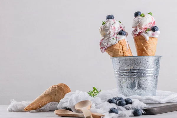 Eisdessert Mit Frischen Blaubeeren Und Thymianblättern — Stockfoto
