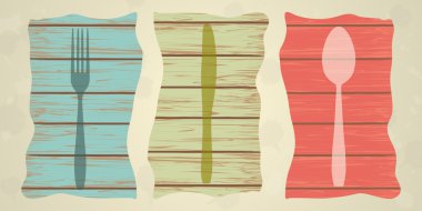 Çatal bıçak takımı ahşap doku üzerinde menü