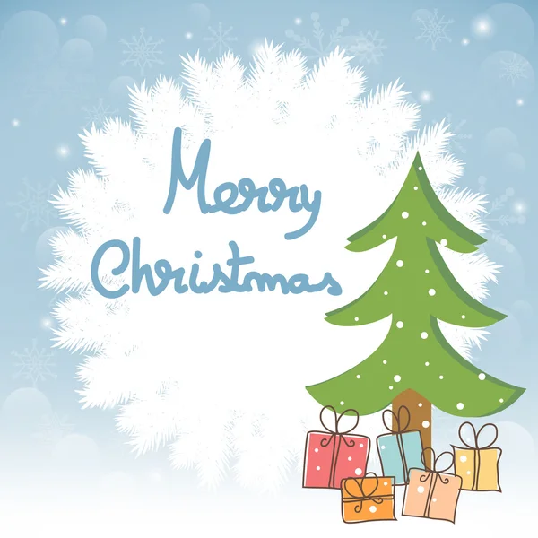 Biglietto di auguri natalizio con albero e regali — Vettoriale Stock