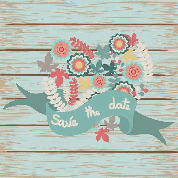 Save the date floral card on wooden background — Stock Vector