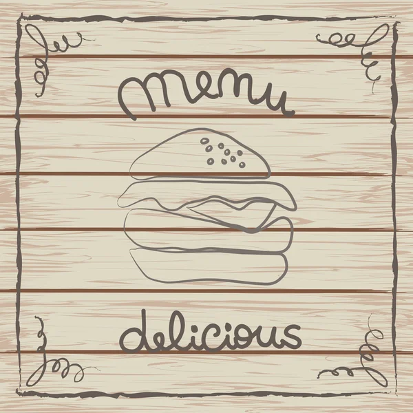 Deliciosa tarjeta de menú de hamburguesas en una textura de madera — Archivo Imágenes Vectoriales