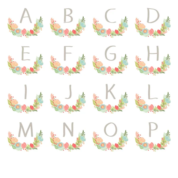 Hand dras monogram krans tabell kort A till P — Stock vektor