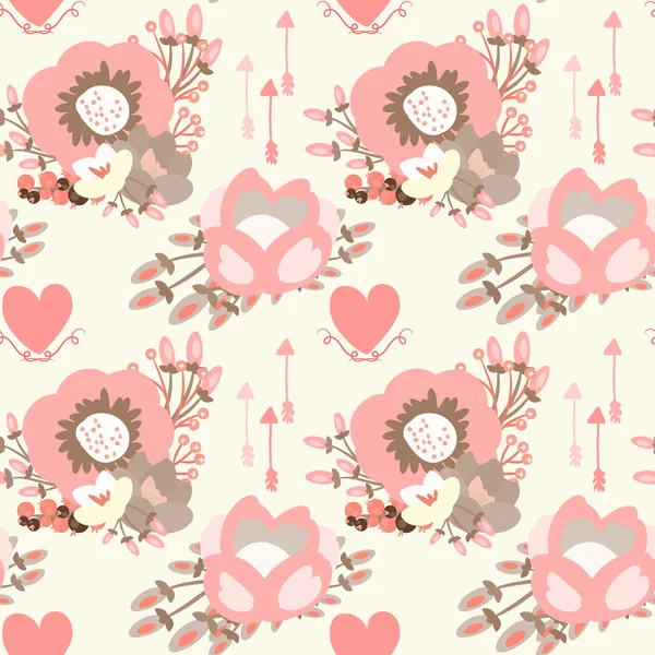 Elegant seamless pattern with blossom flowers, hearts and arrows — Stock Vector