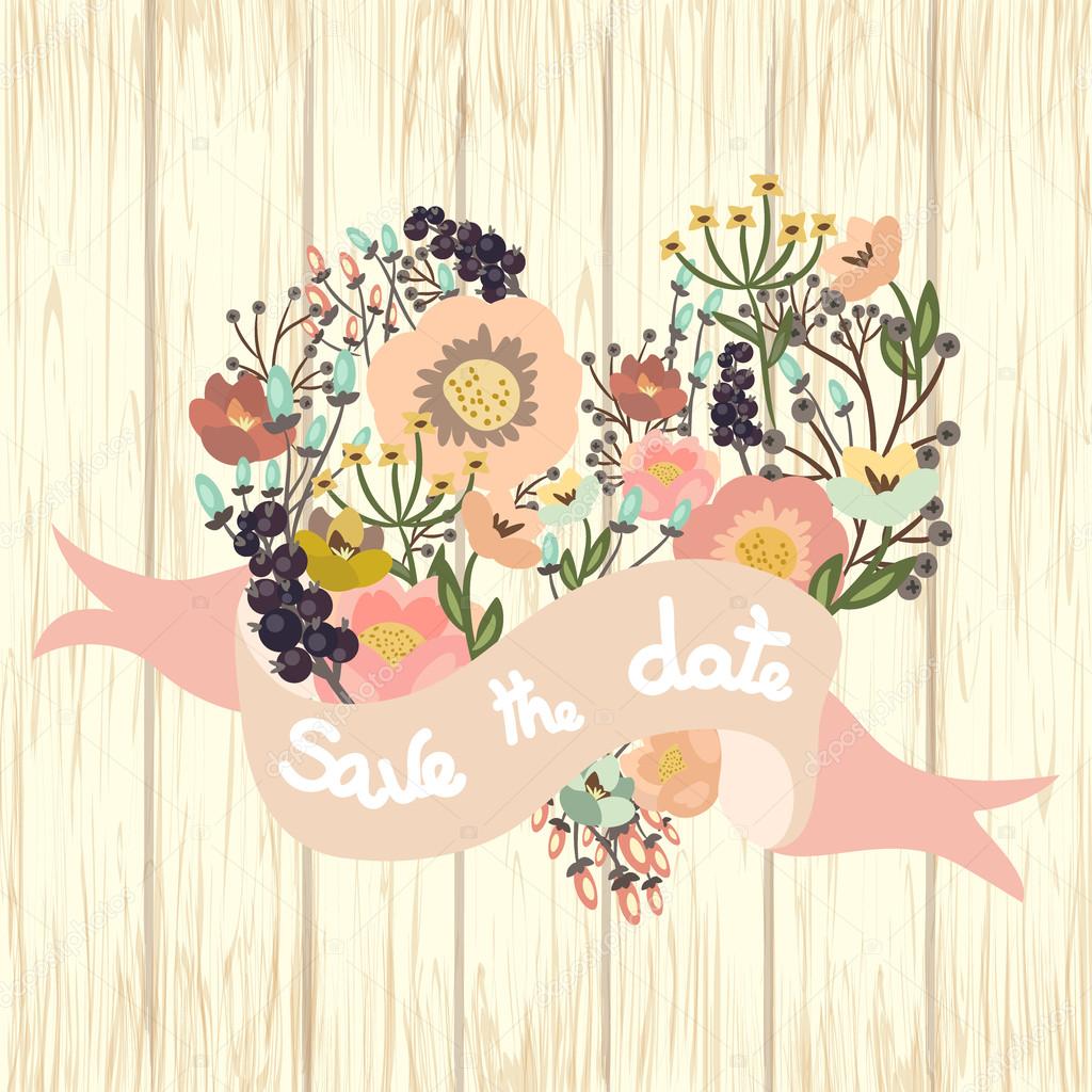 Save the date floral card on wooden background
