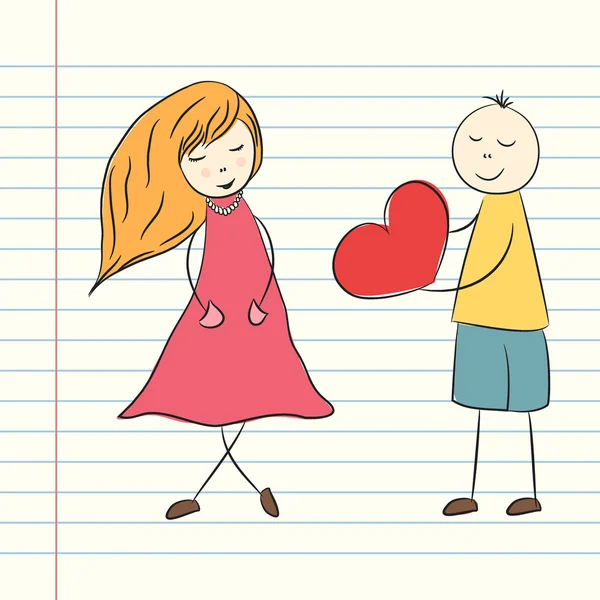 Doodle Valentijnsdag illustratie met jongen en meisje. Vector ha — Stockvector