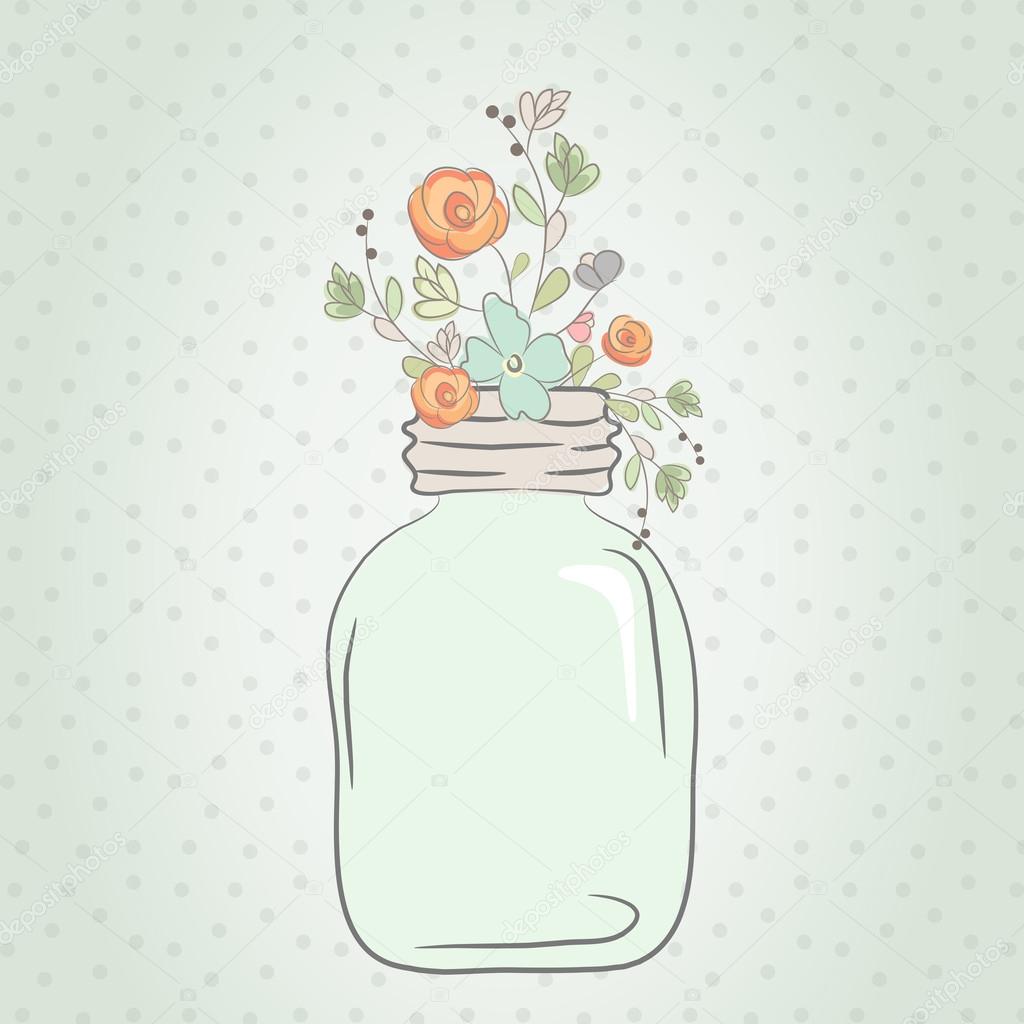 Cute bouquet of wedding flowers in a glass jar. Vector illustrat