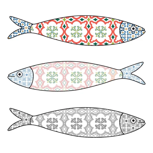 Icono tradicional portugués. Sardinas de colores con el típico Portu — Vector de stock