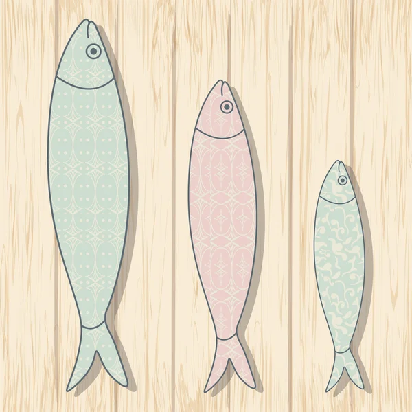 Icono tradicional portugués. Sardinas de colores con geométrica che — Vector de stock