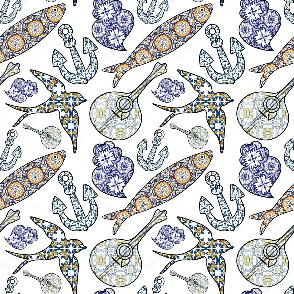 Collection of traditional Portuguese icons in seamless pattern. 