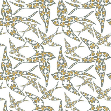 Traditionall Portekizli yutmak ve azulejo kiremit arka plan. Sorunsuz Portekizce simge vektör arka plan deseni. Bahar küçük kırlangıç kuşlar seamless modeli.