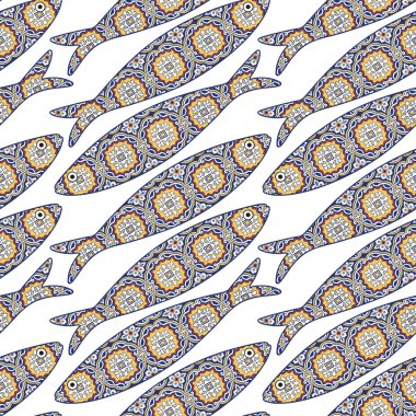 Traditional portuguese sardine and azulejo tiles background. Seamless pattern with ornamental fish. Fish pattern in abstract style with colorful tiles. clipart