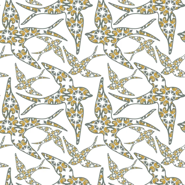 Traditionall 葡萄牙燕子和 azulejo 瓷砖背景。在向量中的无缝的葡萄牙图标背景图案。春天的小燕子鸟无缝模式. — 图库矢量图片