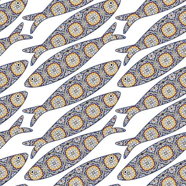 Sardinha tradicional portuguesa e azulejo telhas de fundo. Padrão sem costura com peixes ornamentais. Padrão de peixe em estilo abstrato com azulejos coloridos . — Vetor de Stock