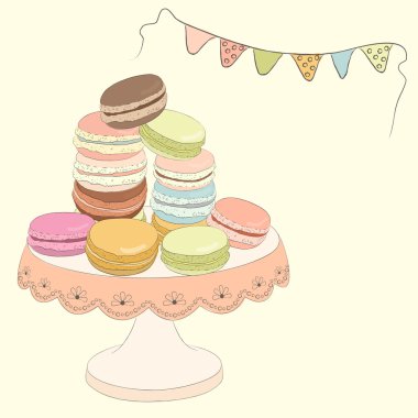 Plaka üzerinde renkli doodle acıbadem kurabiyesi kümesi. Kroki acıbadem kurabiyesi. Macaroons el yapımı.