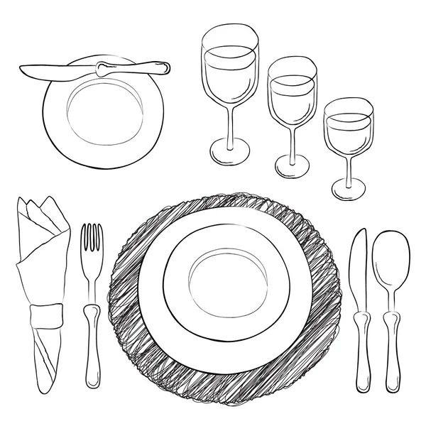 Vector table setting. White and clear tableware and eating utensils are set at the table for serving. — Stock Illustration Vector table setting. White and clear tableware and eating utensils are set at the table for serving. Royalty Free Stock Illustrations