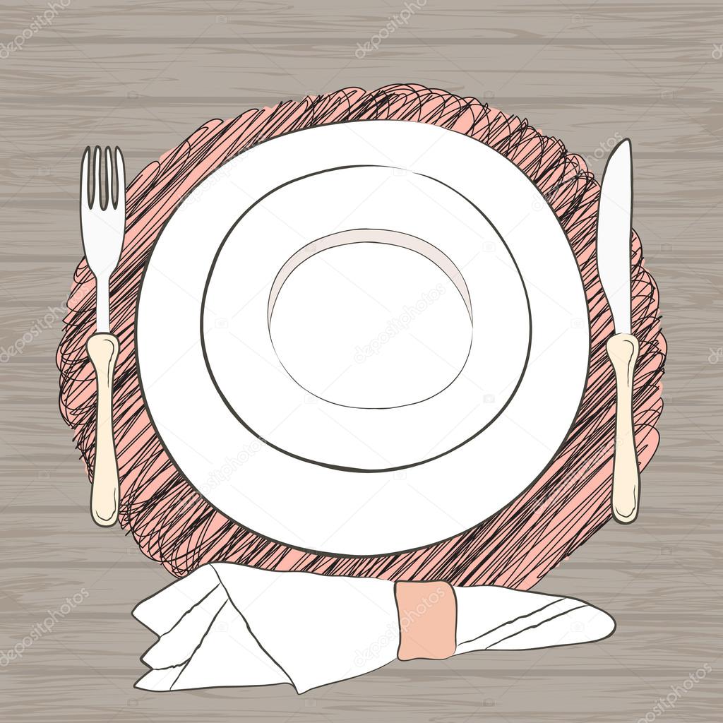 Informal vector table setting. Tableware and eating utensils are set at the table for serving.