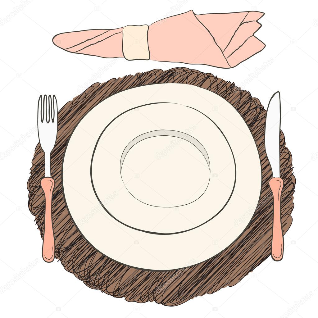 Informal vector table setting. Tableware and eating utensils are set at the table for serving.