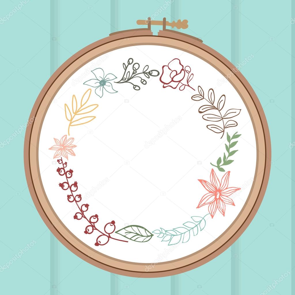 Cute card with laurel flower bouquet on embroidery frame.