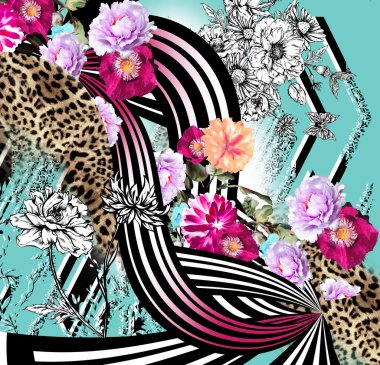 Leopar ve geometri desenli renkli çiçekler