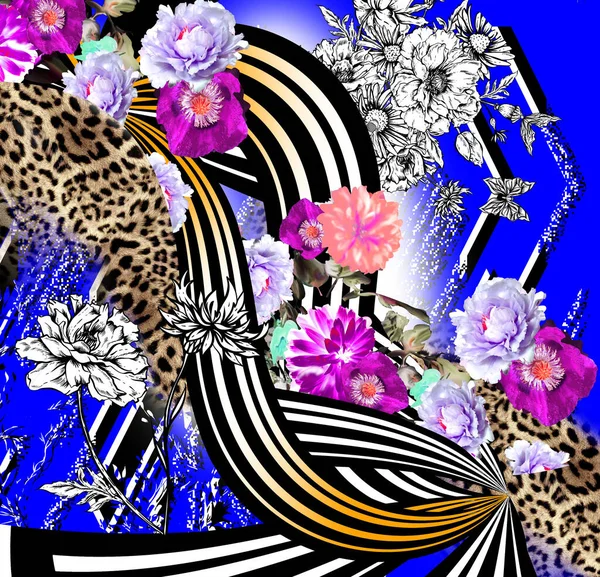 Kleurrijke Bloemen Met Luipaard Geometrie Patroon — Stockfoto