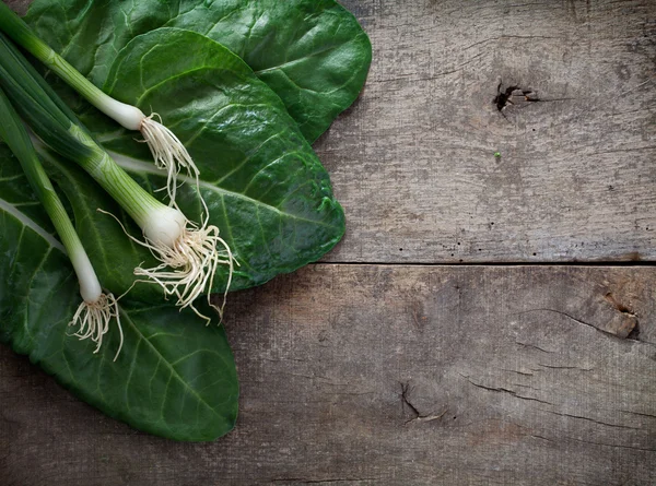 Spinach leaves and onion on table — Stock Photo, Image