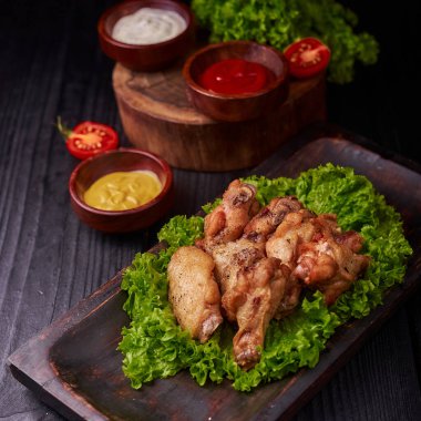 Izgara tavuk kanadı. Barbekü tavuk tabağı seçici bir odak ile ahşap tepsiye yakın çekim. Bira çerezi. Yakın plan. Metin için boşluk