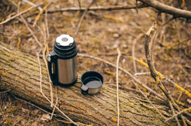 Bir termosla ormanda bir yürüyüş.