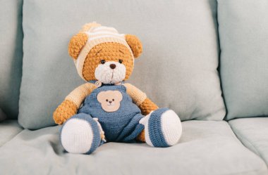 Kanepede oyuncak ayı var.