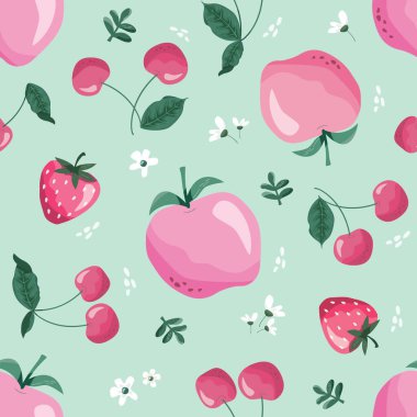 Meyveler, böğürtlenler ve çiçeklerle kusursuz bir yaz düzeni. Tekstil, kumaş, dekoratif kağıt için güzel bir karikatür. Vektör